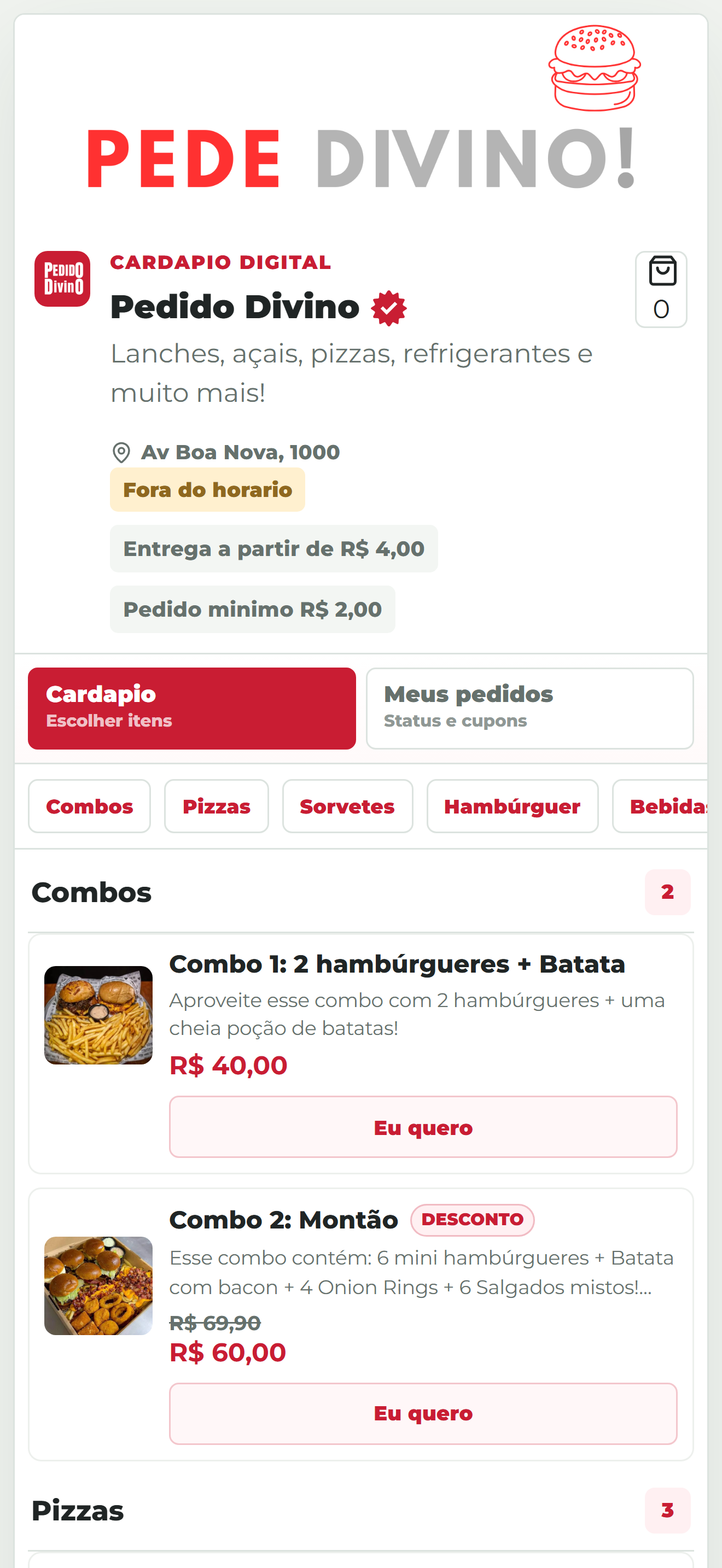 Cardápio digital do Pedido Divino aberto no celular